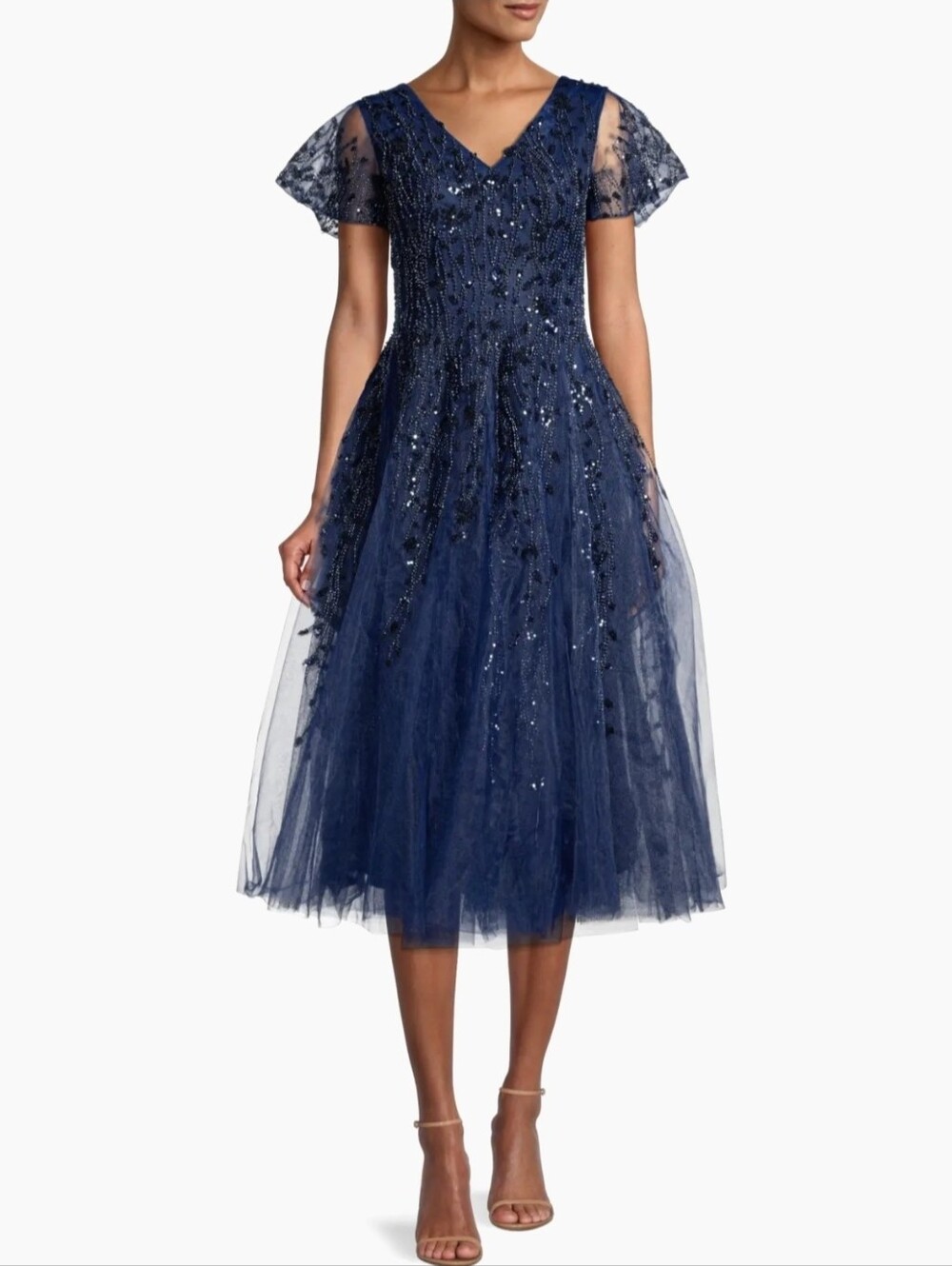 Mac Duggal Beaded Tulle Tea-Length Navy Dress $598 Size 0